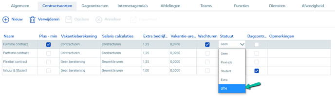 Statuut selecteren in contractsoort